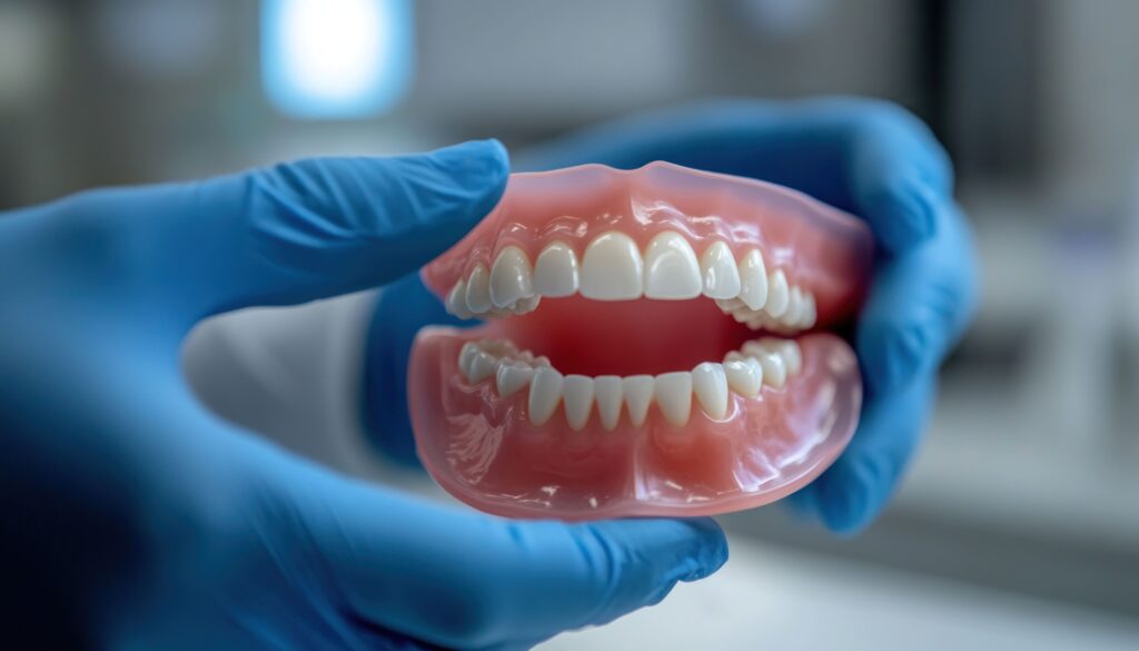 Gloved hands holding a full denture