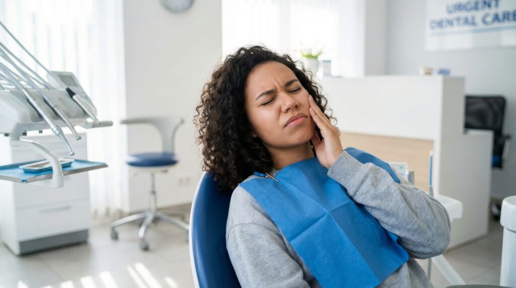 Woman holding her cheek because of tooth discomfort