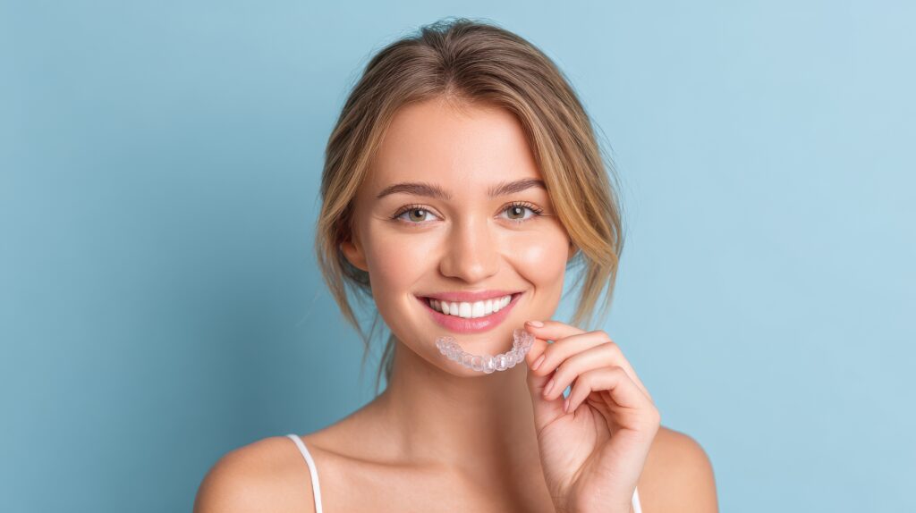 Woman holding a clear dental aligner
